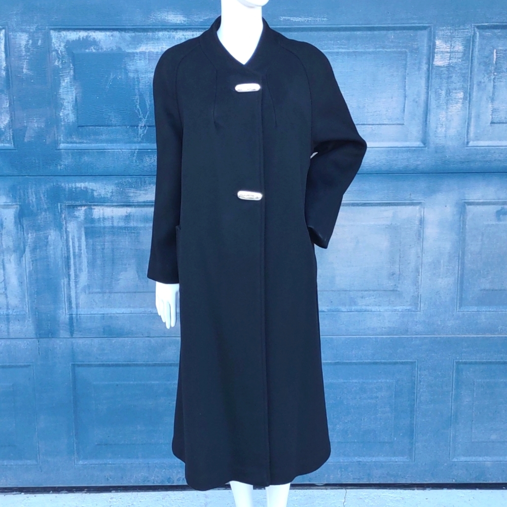 Black Pure Wool Swing Coat with Silver Buttons by Greenleaf